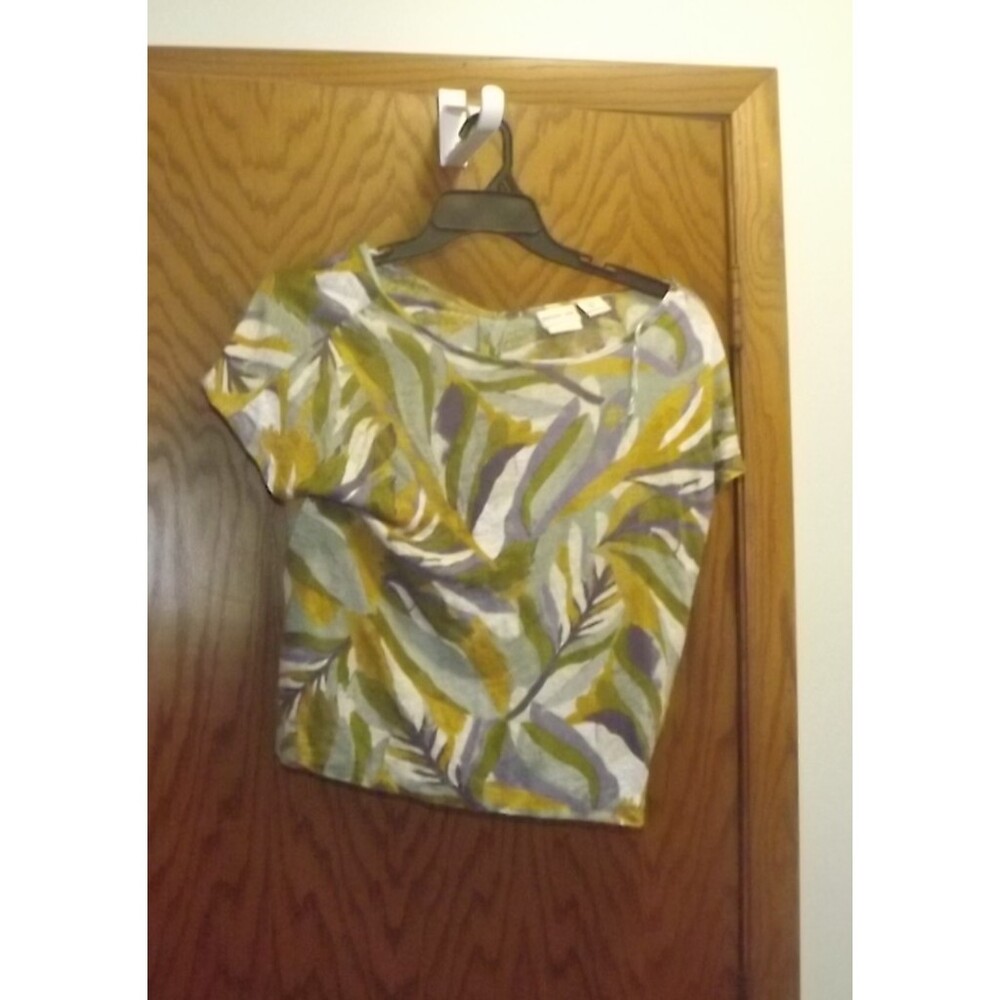 Rachel Zoe Small Multicolor Leaf Print 100% Linen Jersey Button Back Short Cap